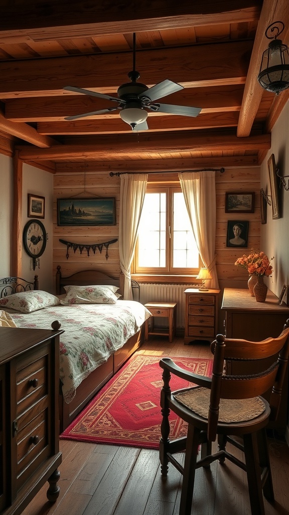 A vintage country bedroom featuring wooden beams, a floral quilted bed, rustic furniture, and warm lighting.