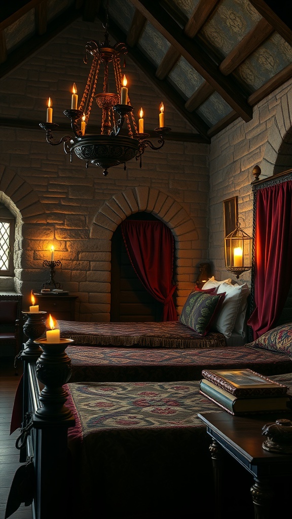 Medieval themed bedroom with chandelier lighting and candle accents.