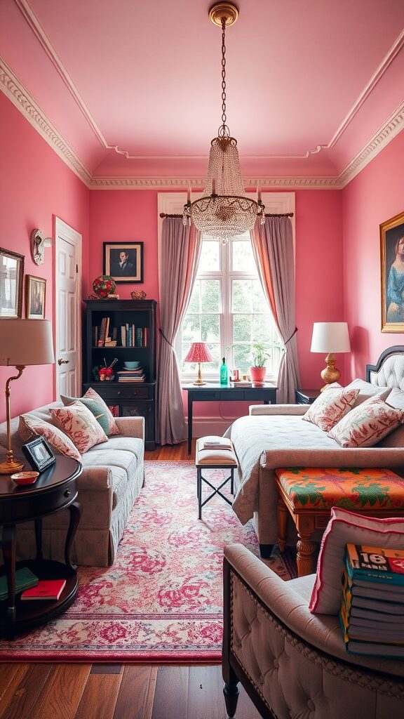 a beautifully designed pink guest bedroom with elegant decor, showcasing three common design mistakes highlighted, such as overcrowded furniture, clashing colors, and poor lighting choices, creating a visually appealing yet educational scene