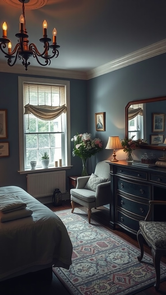 A moody English bedroom featuring dark blue walls, a chandelier, floral arrangements, and a comfortable armchair.