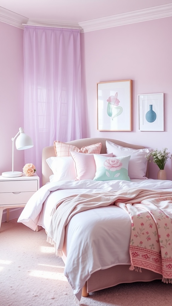 A cozy lavender guest bedroom featuring pastel accents with light pink bedding and mint green pillows.