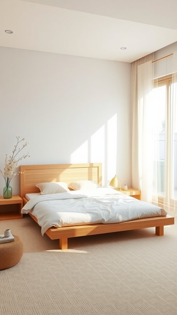 A cozy Japandi-style bedroom featuring a wooden platform bed, soft bedding, and natural light.