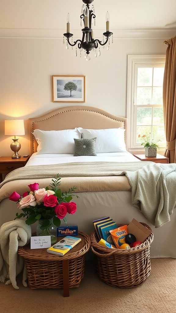 A cozy guest bedroom with flowers, snacks, and a comfy bed.