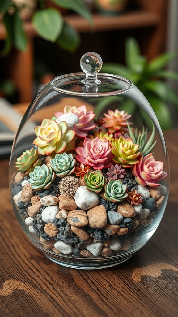 A beautiful glass terrarium filled with colorful succulents and decorative stones.