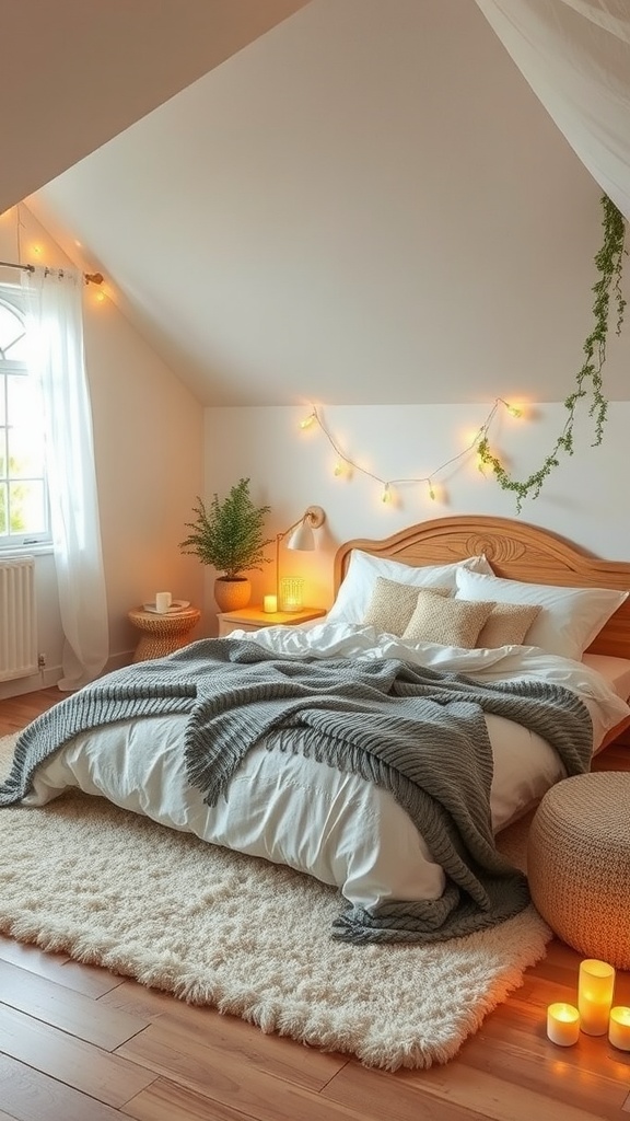 Cozy nest bedroom with soft lighting, plants, and warm colors