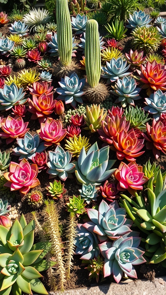 A vibrant garden filled with various types of succulent plants in different colors and shapes.