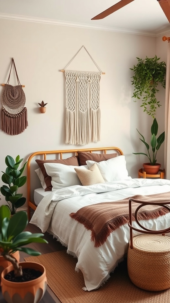 A modern boho guest bedroom featuring a cozy bed with layered blankets, decorative pillows, and plants, complemented by macramé wall art.