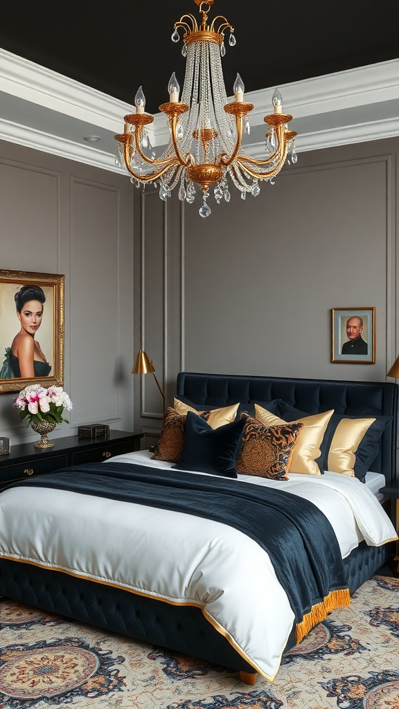 A black and gold themed guest bedroom featuring a luxurious bed, elegant chandelier, and tasteful artwork.