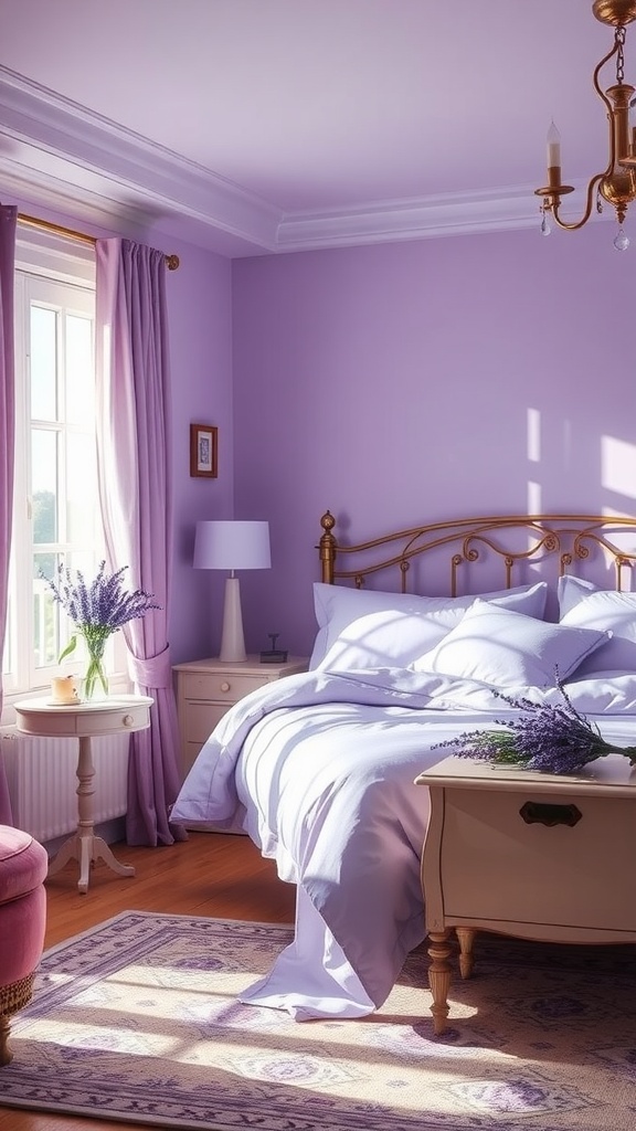 A serene guest bedroom featuring lavender walls, elegant furniture, and soft lighting.