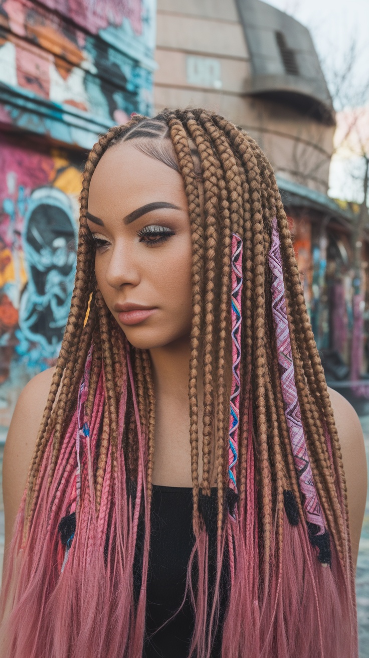 A person with jumbo braids featuring a mix of brown and pink colors, showcasing a bold hairstyle.