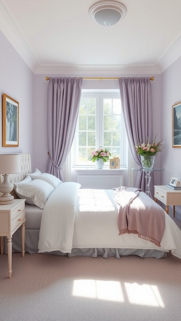 A serene guest bedroom featuring lavender walls, white bedding, and elegant decorations.