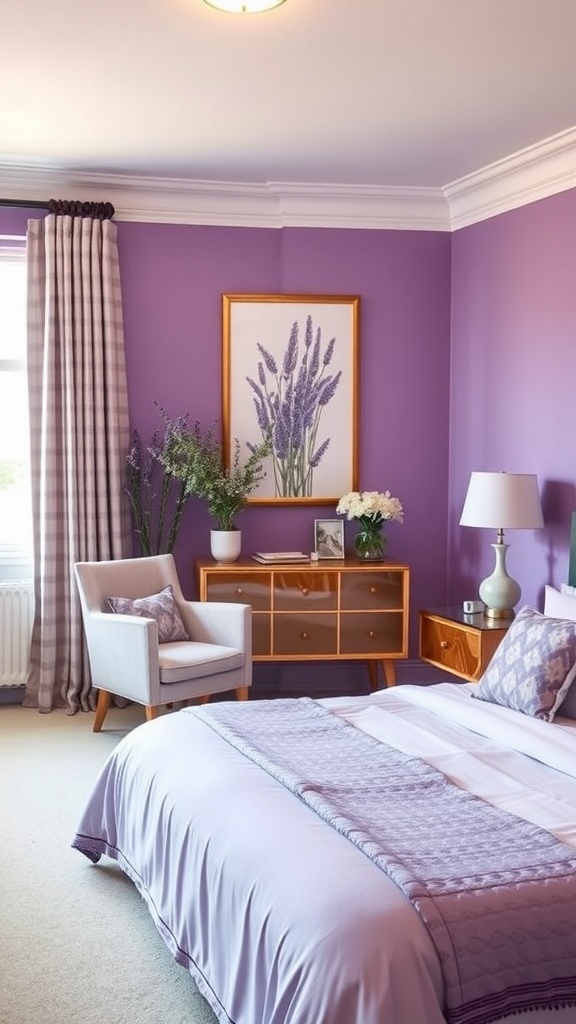 A beautifully designed guest bedroom with lavender walls and bedding, featuring modern furniture and floral décor.