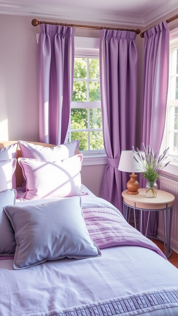 A cozy guest bedroom featuring lavender bedding and curtains, complemented by a bedside table with plants.