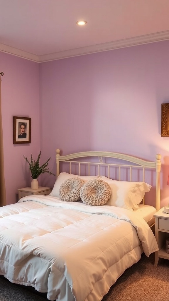 Cozy guest bedroom with lavender walls and a white bed