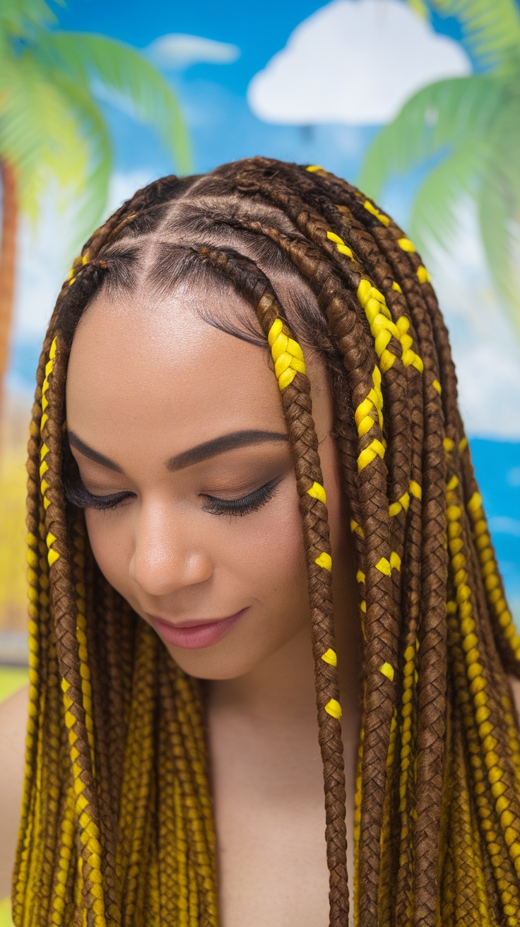 A woman with lemonade braids featuring yellow accents, showcasing a chic hairstyle.