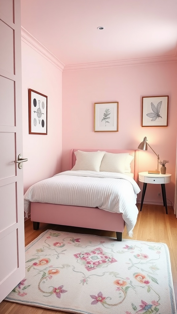 A cozy light pink guest bedroom with a bed, white linens, wall art, and a rug.