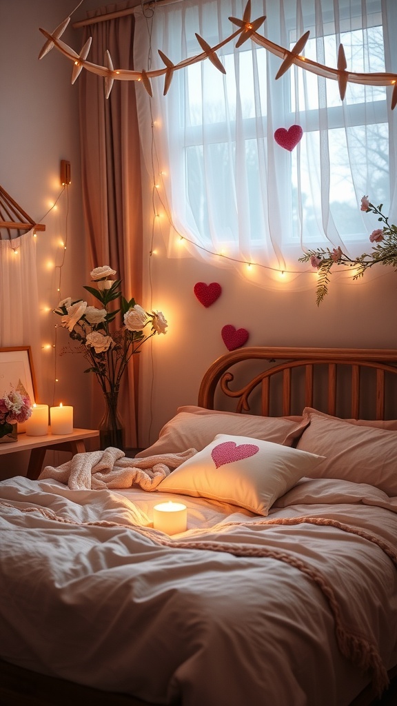 Cozy love nest bedroom with fairy lights, candles, and soft bed decor