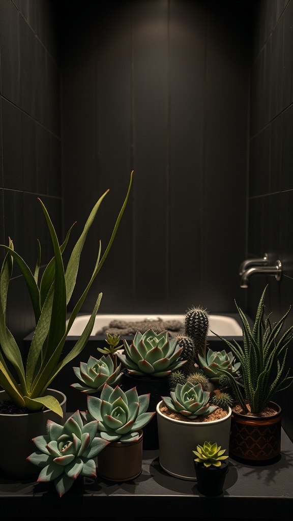 A collection of various succulents in pots displayed in a dark bathroom, enhancing the decor.