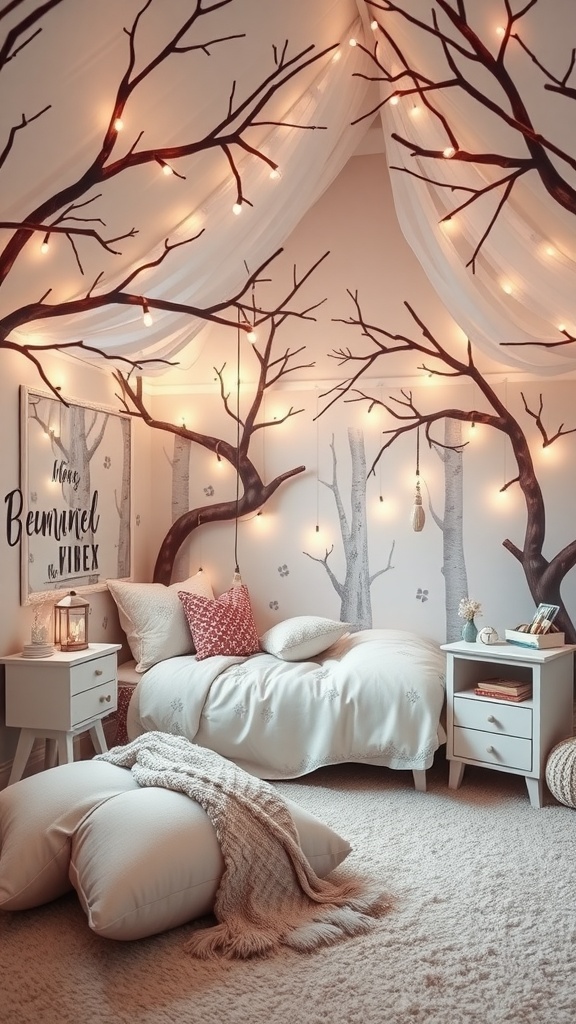 A cozy kids' bedroom with tree branch wall decor and warm fairy lights.