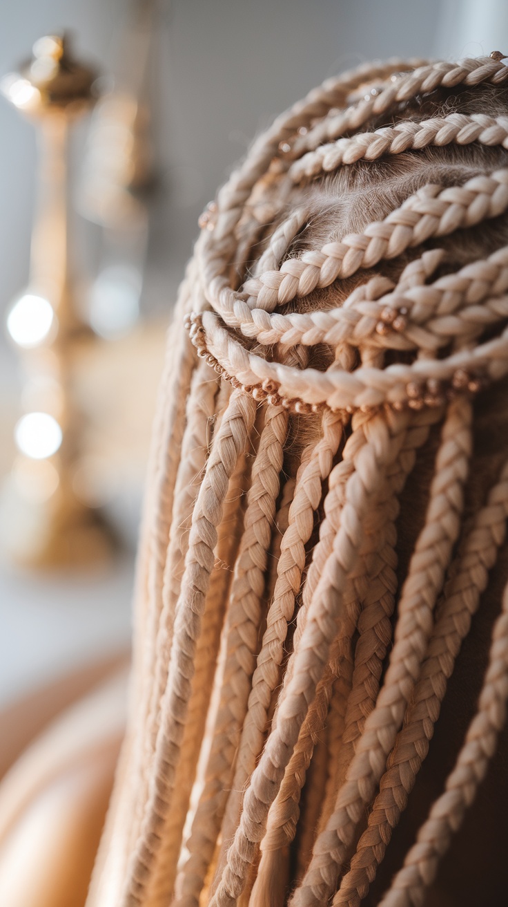 Close-up of a person's hair styled in delicate micro braids.