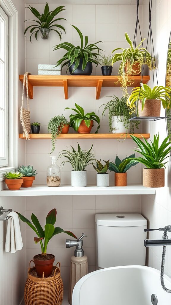 A bathroom filled with various air plants and succulents, featuring hanging baskets, wall shelves, and vibrant greenery.