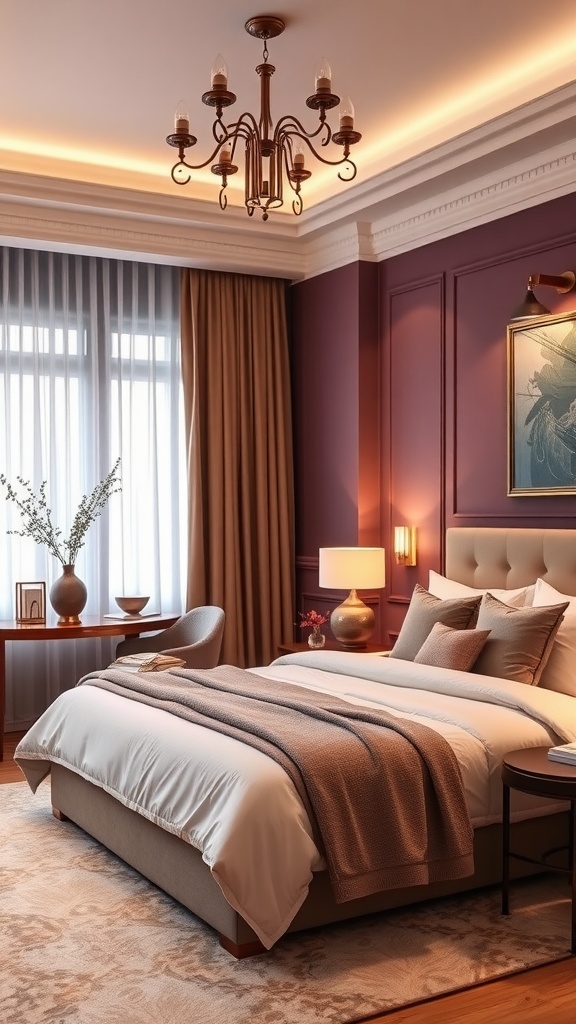 A modern guest bedroom featuring a blend of lavender walls and brown accents, creating a warm and inviting atmosphere.