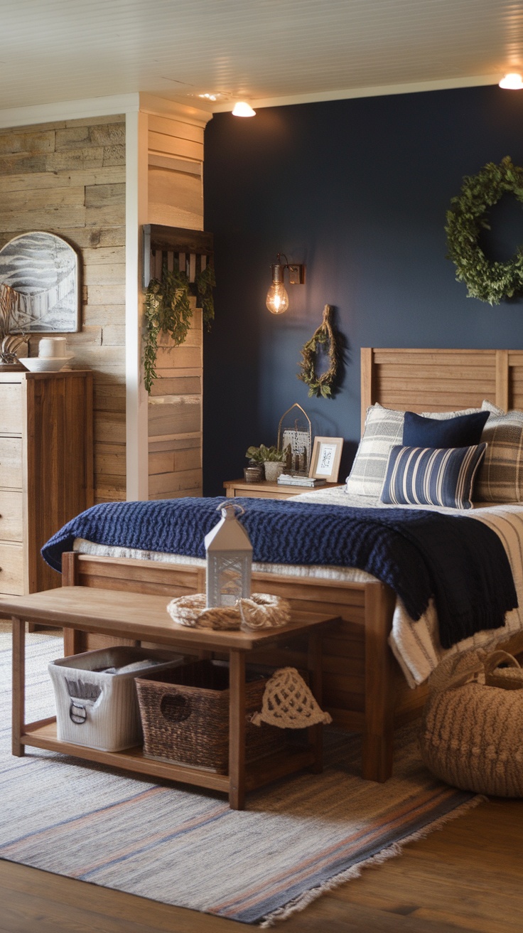 A rustic bedroom featuring navy walls and wooden furniture, showcasing a cozy aesthetic.