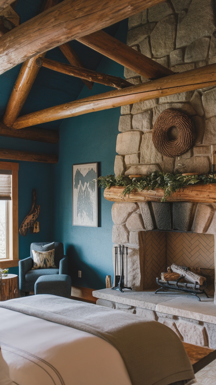 Cozy mountain-themed guest room with rustic blue walls, wooden beams, and a stone fireplace