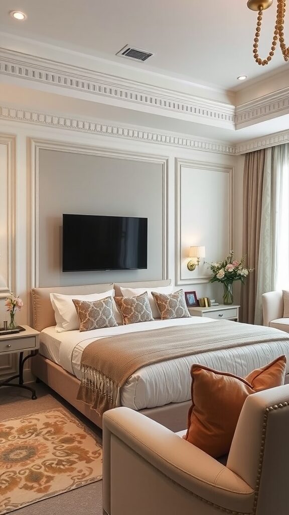 A stylish guest bedroom featuring a mounted TV, elegant lighting, and cozy decor.