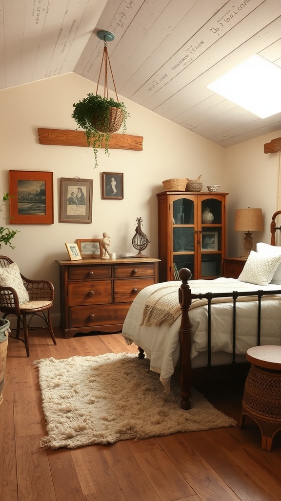 Cozy old country bedroom featuring neutral tones, wooden furniture, and soft textures.