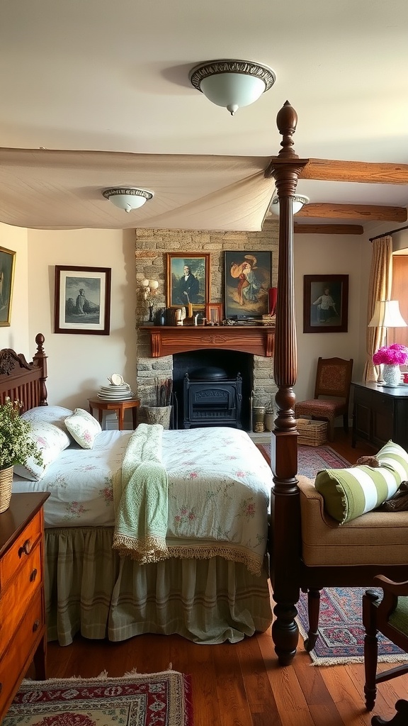 Cozy Old English country style bedroom featuring a four-poster bed, rustic wooden furniture, and a stone fireplace.