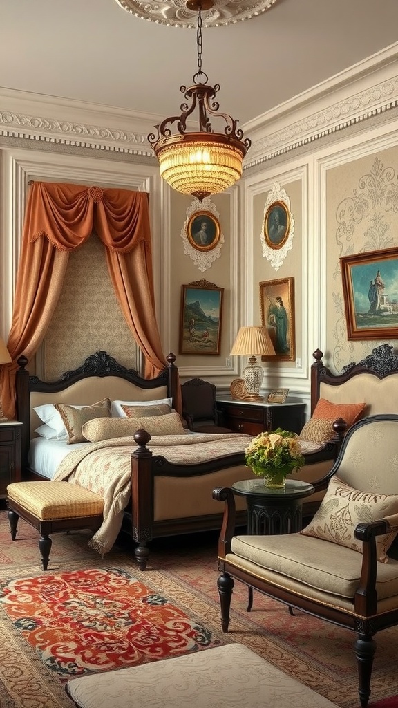 A luxurious old country bedroom featuring dark wood furniture, elegant drapes, beautiful artwork, and warm lighting.