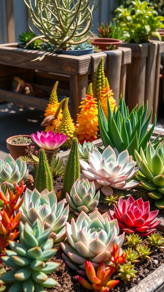 A colorful variety of outdoor succulents in a garden setting.