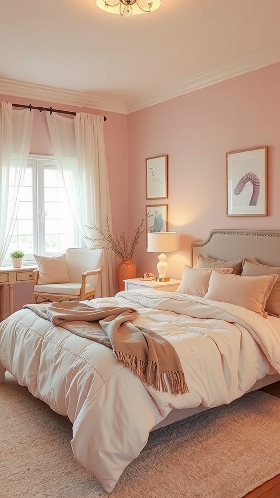 A cozy pale pink guest bedroom featuring soft bedding, white curtains, and natural decor.