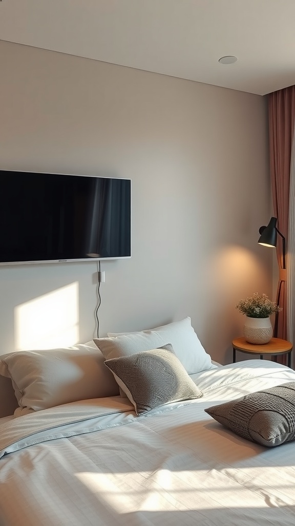 Cozy guest bedroom featuring a mounted TV, neatly made bed, and a bedside table with a lamp and plant.