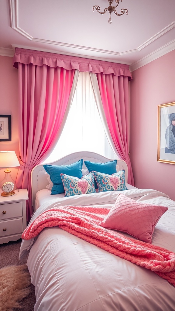 A cozy guest bedroom with pink walls, blue and pink decorative pillows, and elegant curtains.