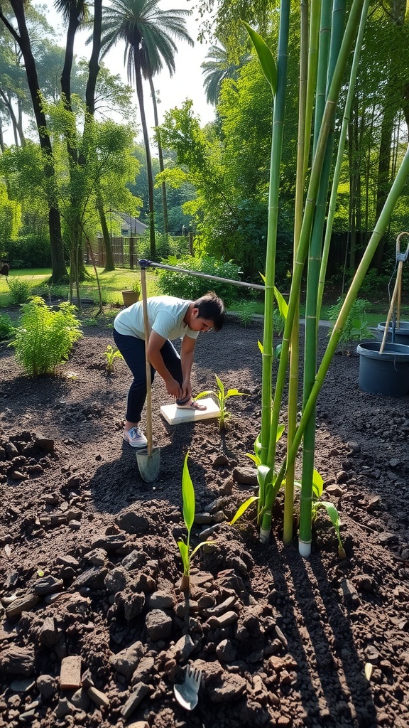 A person planting bamboo in a garden, surrounded by tall bamboo plants and greenery.