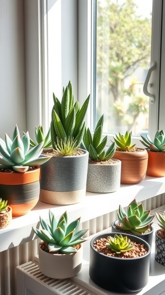 A variety of indoor succulents in colorful pots on a windowsill