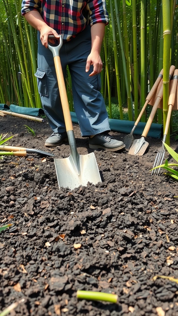 Person preparing soil for bamboo planting with a shovel in a garden surrounded by bamboo plants.