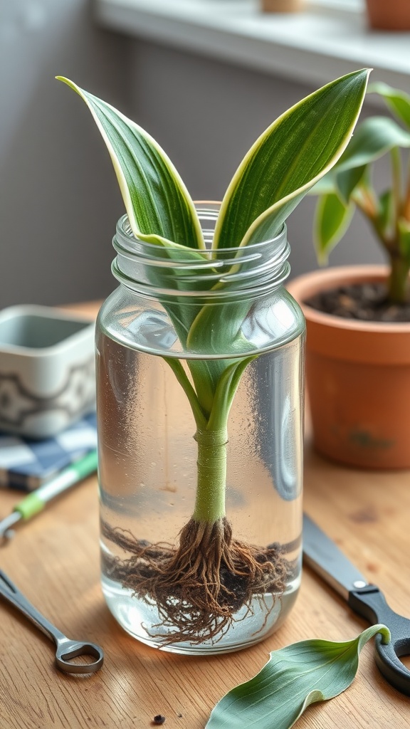 A snake plant cutting in a jar of water, showing roots and green leaves.