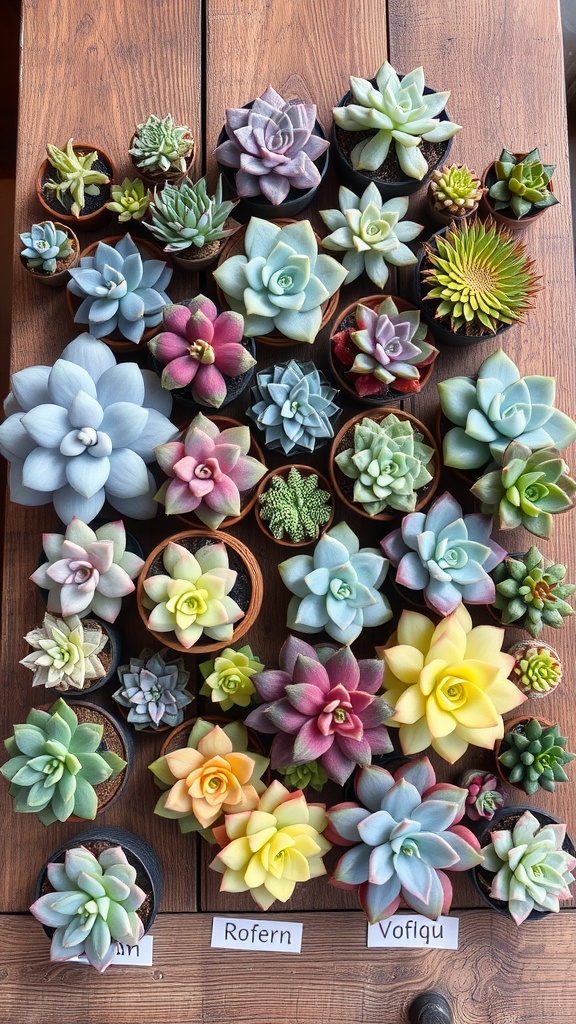 A collection of various rare succulent plants in pots, showcasing different colors and shapes.