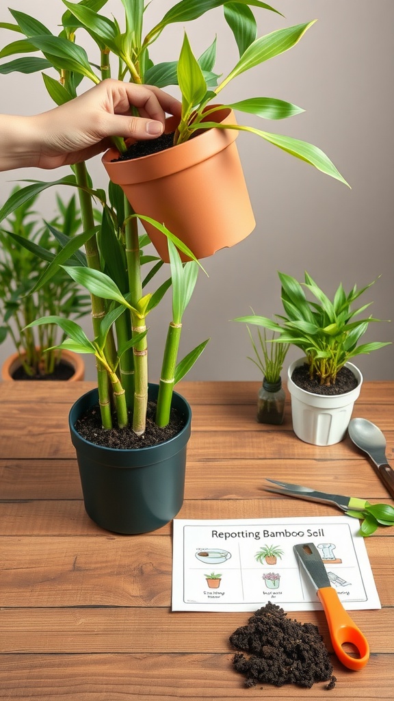 A hand repotting a bamboo plant into a new pot with fresh soil, tools are visible on the table.