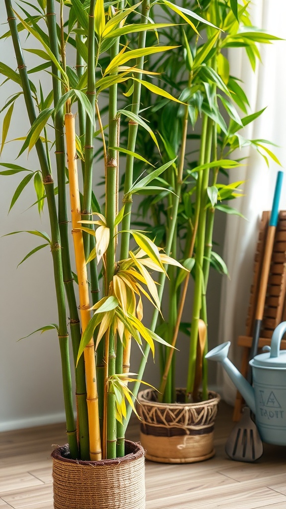 Healthy bamboo plants with vibrant green and yellow stalks in decorative pots