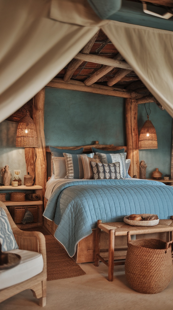 A rustic bedroom featuring blue accents, wooden beams, and cozy decor.