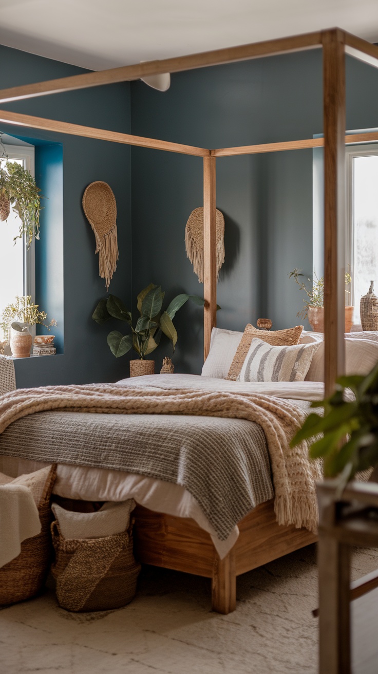 A cozy bedroom with slate blue accent walls, a wooden bed frame, woven decor, and plants.