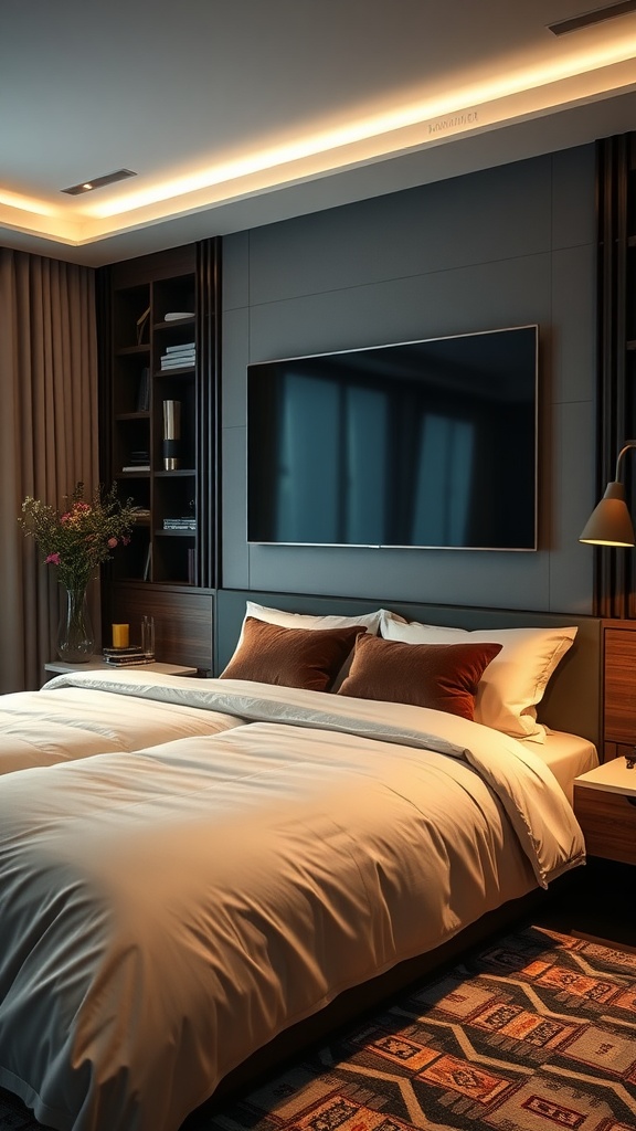 Modern guest bedroom featuring a wall-mounted TV, stylish bedding, and ambient lighting.