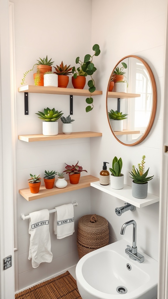 A small bathroom decorated with various succulents on wooden shelves, showcasing a mirror and towels.