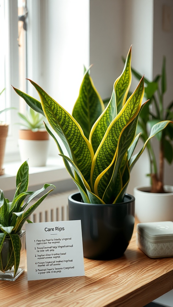 A snake plant in a black pot with care instructions on a table