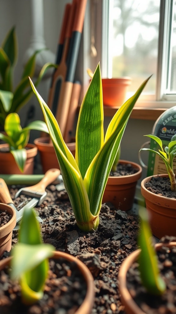 A collection of snake plants in pots with gardening tools, showcasing healthy green and yellow leaves.