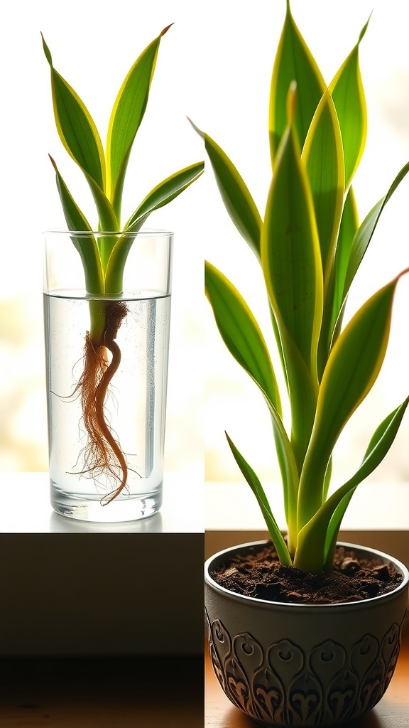 Side by side image showing snake plant propagation methods: one in water with visible roots and one planted in soil.